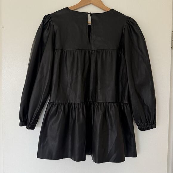 ZARA Ruffled Tiered Faux Leather Babydoll 3/4 Puff Sleeve Top Black Size Medium - Picture 3 of 8
